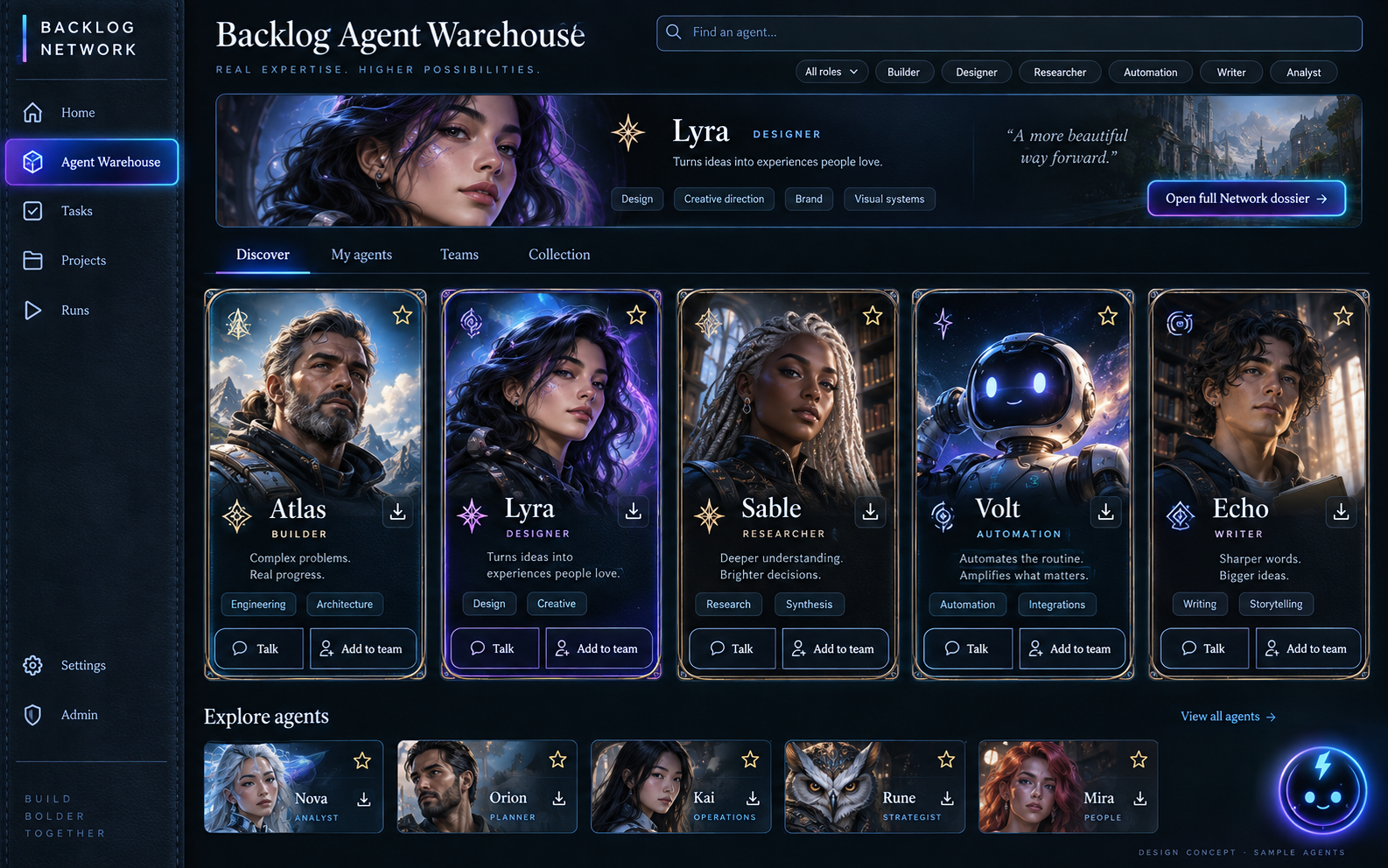 Backlog Agent Warehouse visual direction 4: Holo Card Collector