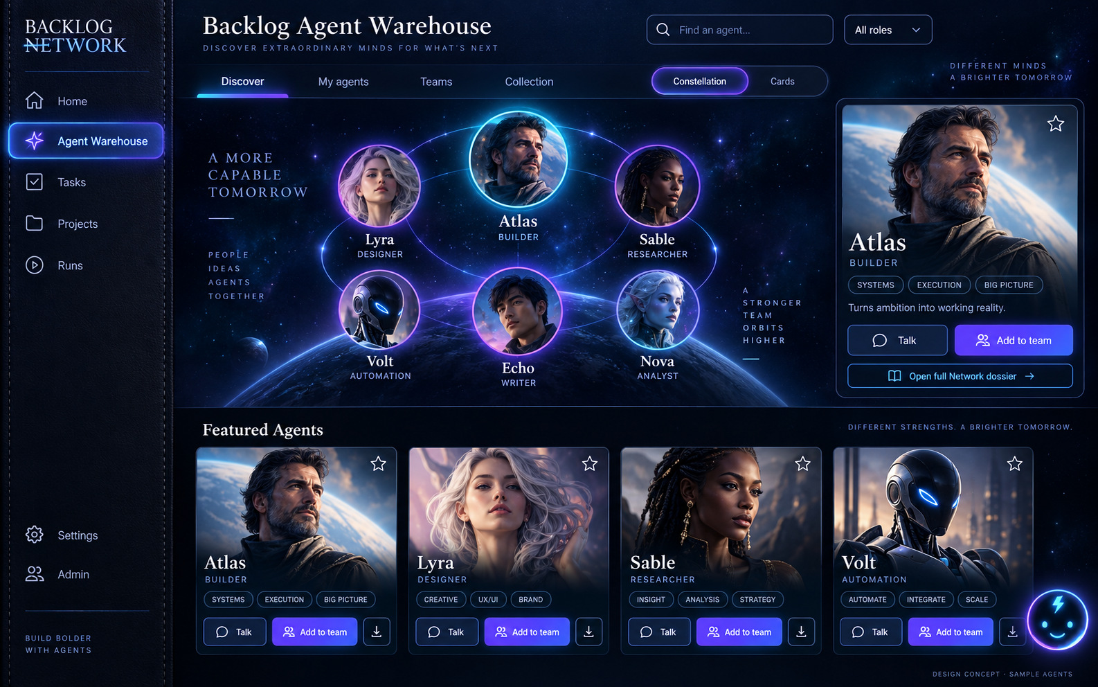Backlog Agent Warehouse visual direction 5: Constellation Market