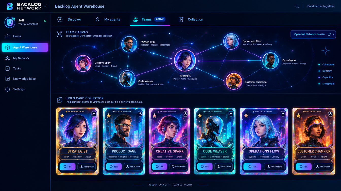 Hybrid Warehouse mock 15: Teams constellation above holo add-to-team cards