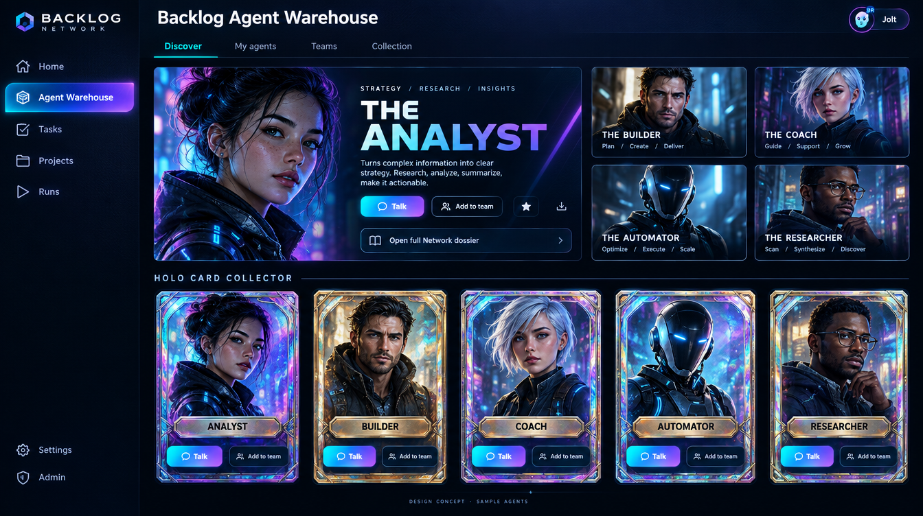 Hybrid Warehouse mock 11: Discover hero with editorial feature and holo card row